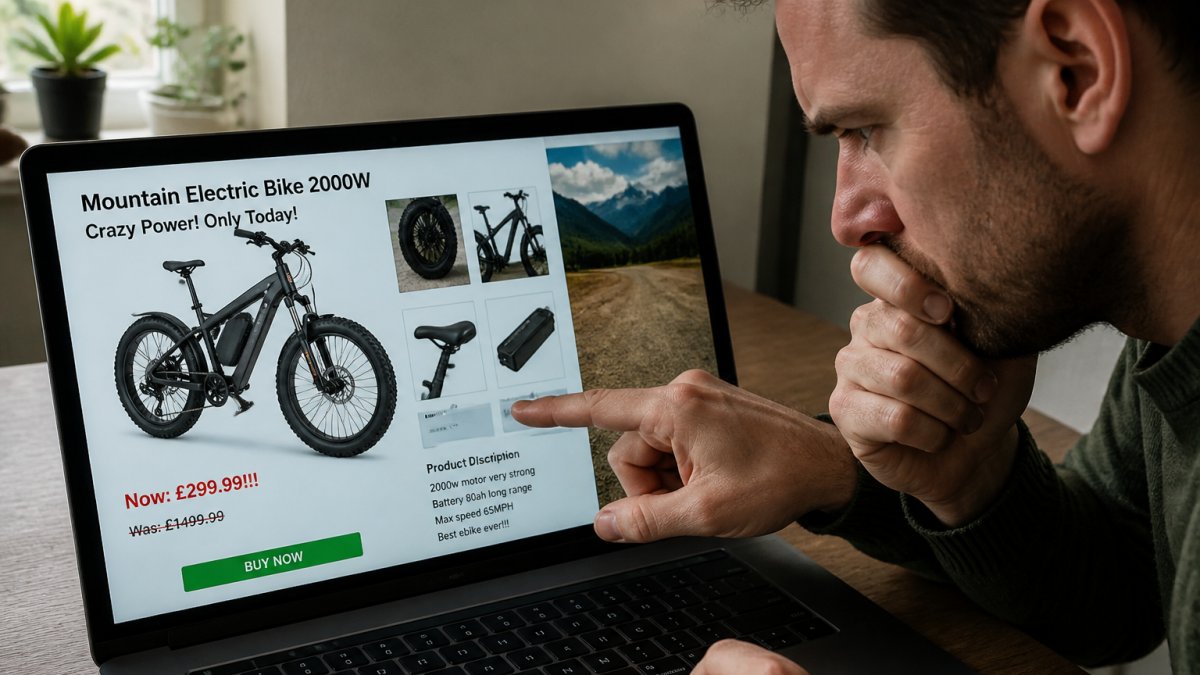 Close-up of laptop screen showing a suspicious e-bike listing with poor design, mismatched product images, and spelling errors visible; person's hand pointing at screen with concerned expression