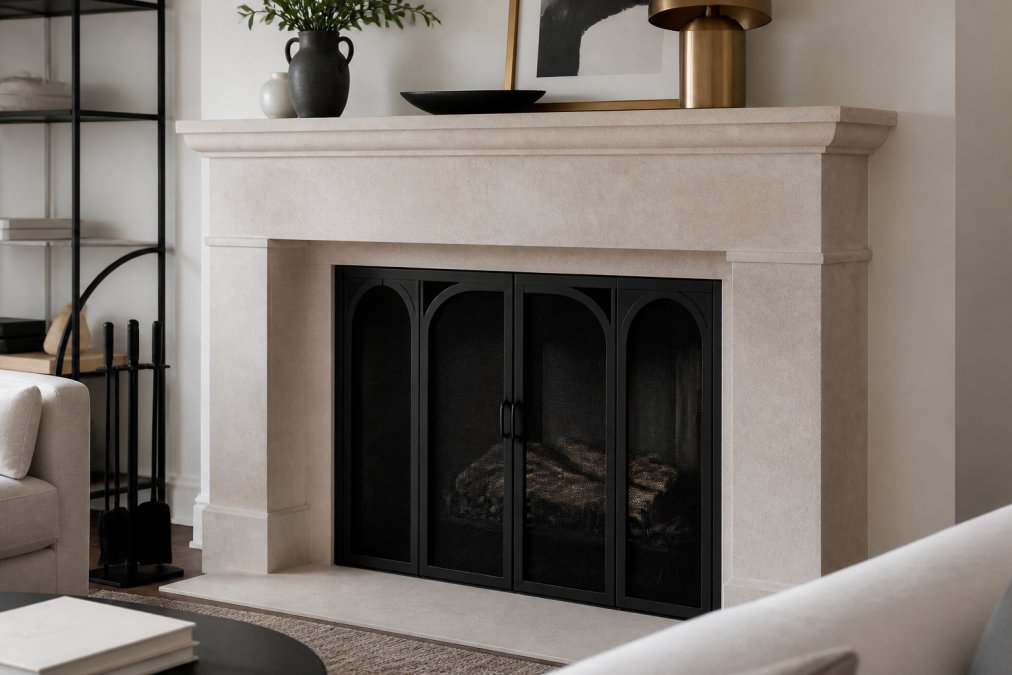 A close-up photograph of a modern living room fireplace with a honed limestone surround, showing the texture and light reflection on the stone surface, with a styled mantel featuring a minimalist iron screen and a few decorative objects