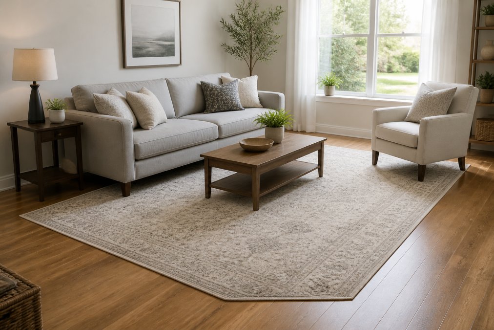 A bright living room with a large area rug correctly positioned under a sofa and coffee table, front legs of furniture on the rug, visible wood floor border around the edges, natural light from a window