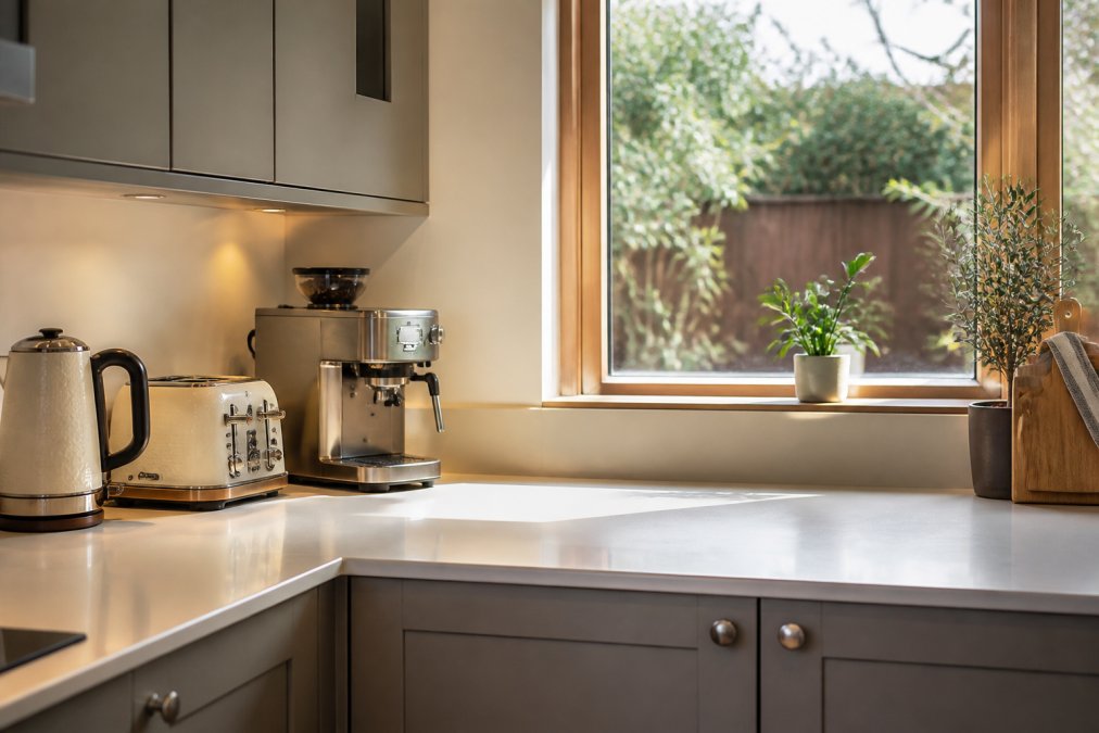 Modern kitchen worktop with a kettle, toaster, and coffee maker neatly arranged on the left side, leaving clear counter space in the centre and right for food preparation, with natural window light