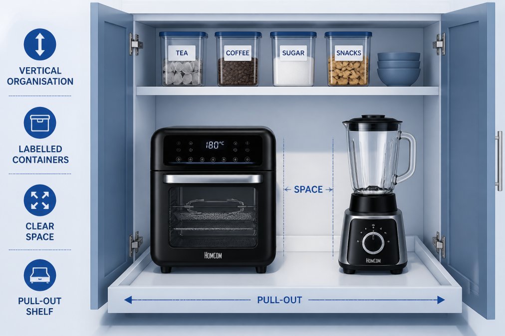 Open kitchen cabinet displaying a compact air fryer oven and a blender organised on a pull-out shelf, with clear space between items and visible labels on containers, showing efficient vertical organisation