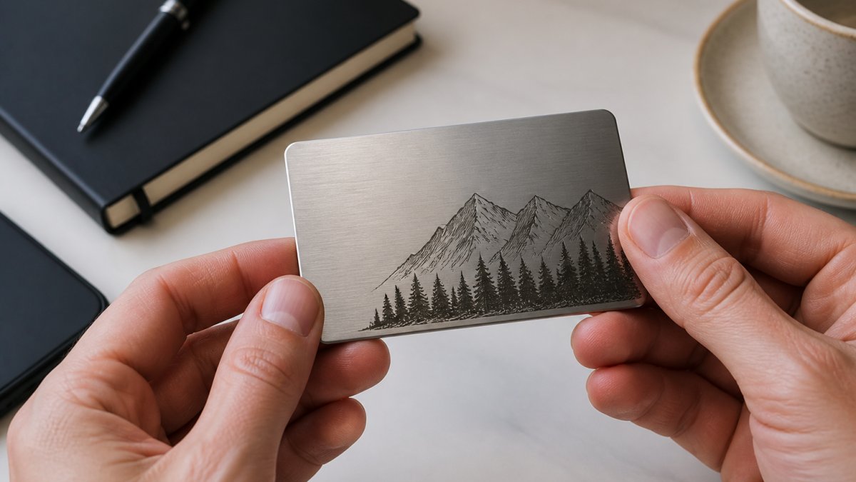 Close-up of hands holding a laser-engraved metal business card against a clean desk, showing the engraved detail and brushed finish