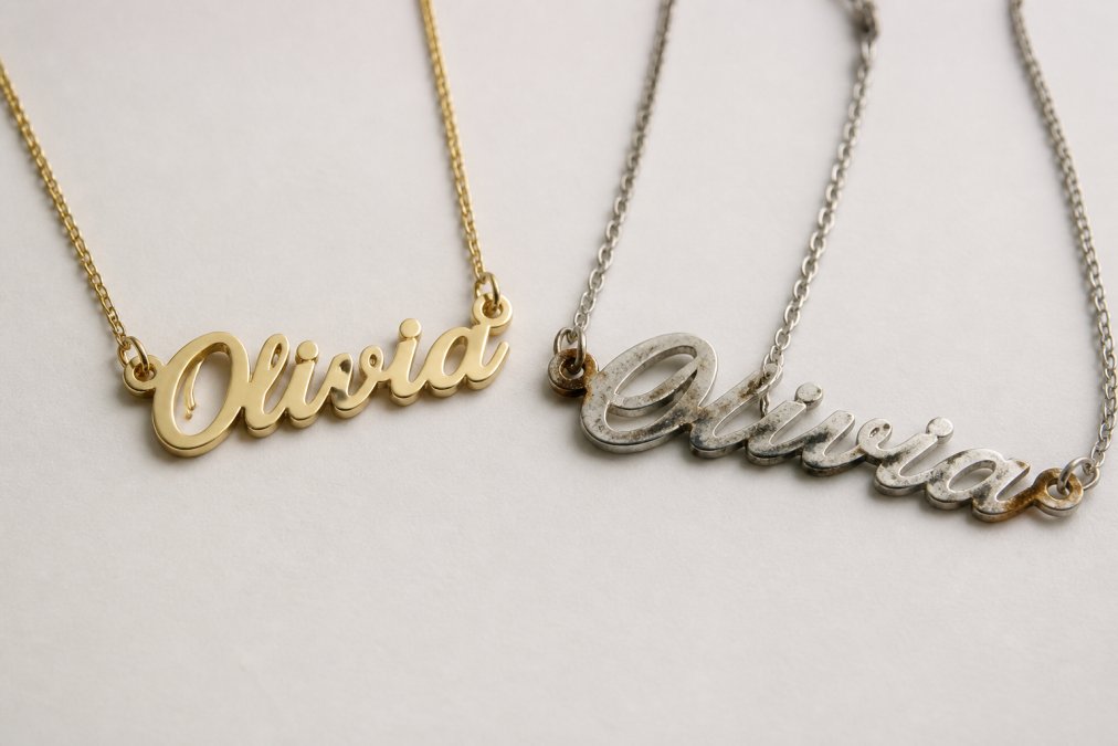Close-up of two name necklaces side by side on a white surface, one with clean engraving and polished finish, the other with uneven lettering and visible discoloration near the clasp