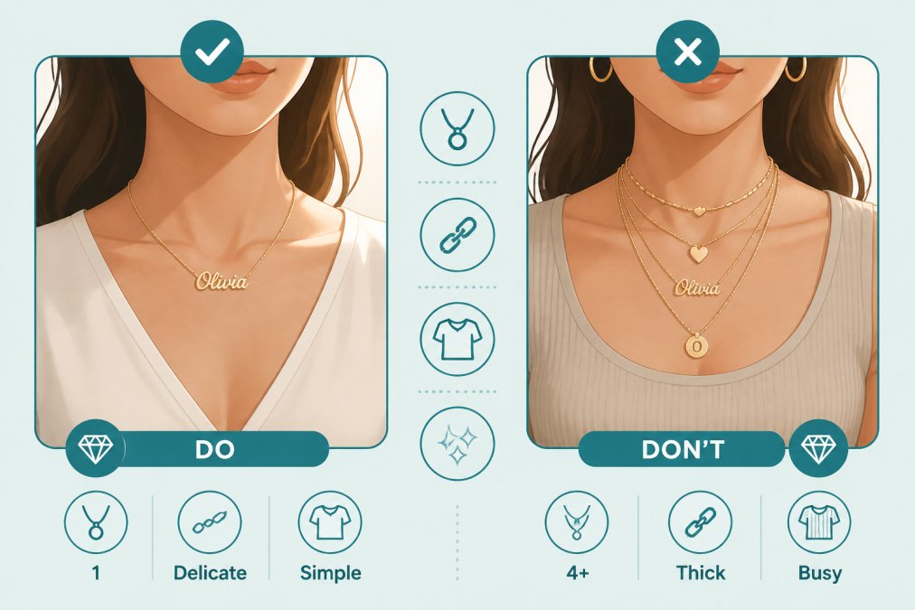 Woman's neckline showing a delicate gold name necklace styled simply against a clean neutral-toned top, with minimal other jewelry, photographed in warm natural light