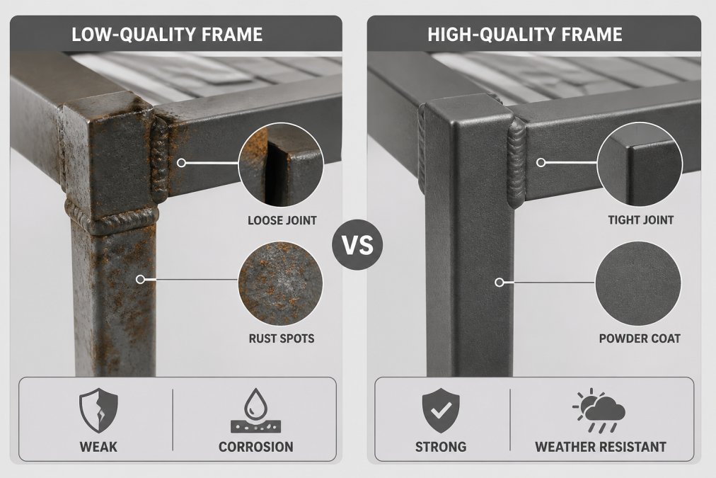 Close-up of two patio furniture frames side by side, one showing visible rust spots and loose welded joints with corrosion, the other showing clean powder-coated aluminum with tight, professional welds