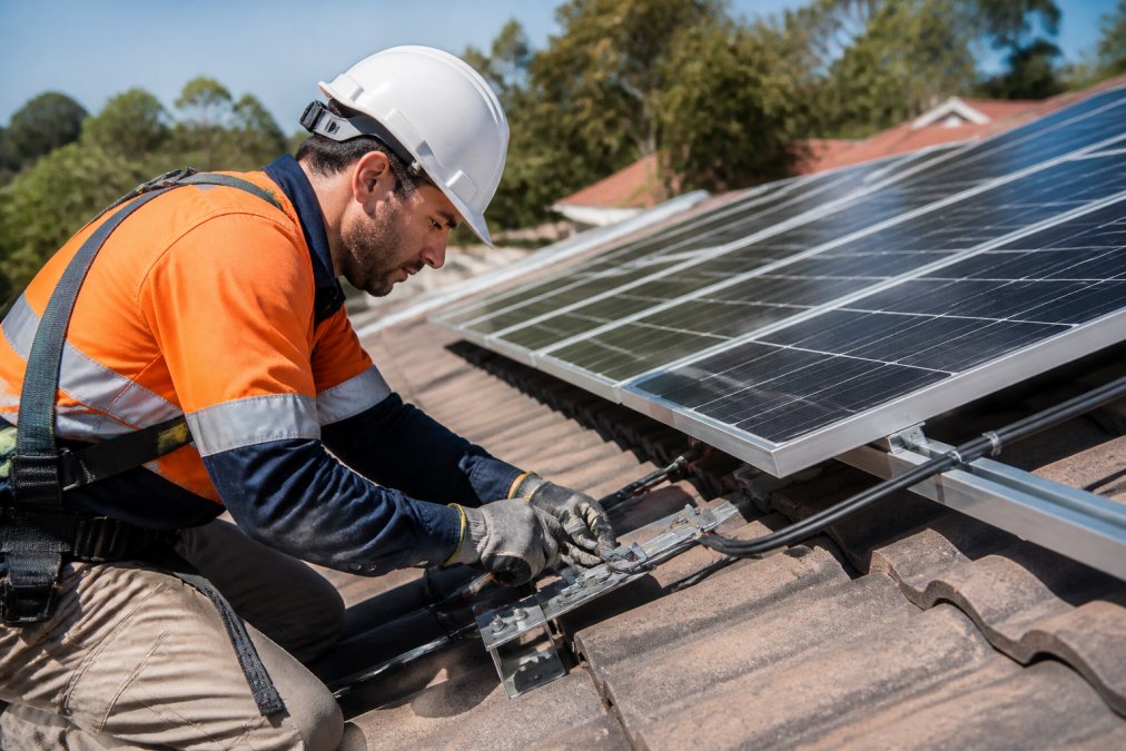 Licensed electrician in safety gear inspecting solar panel connections and mounting hardware on residential roof, checking cable quality and system specifications
