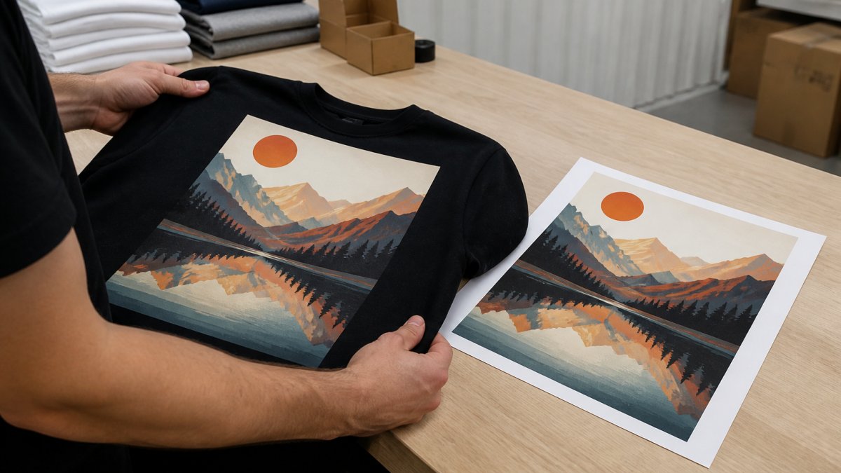 A person holding a printed garment next to a printed proof sheet under bright neutral lighting, comparing colors side by side on a clean work table