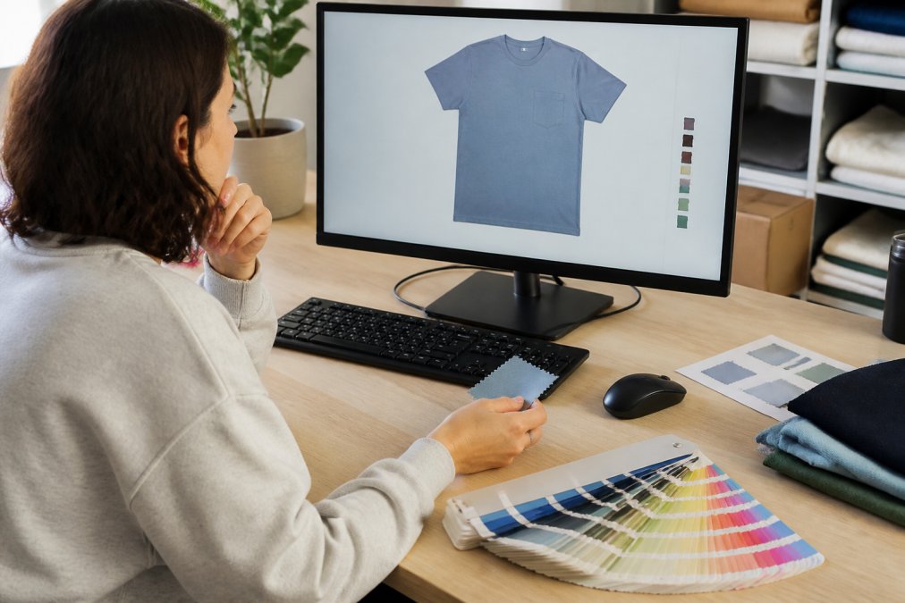 Quality specialist reviewing digital proof on computer monitor with physical fabric swatch and Pantone color guide visible on desk in bright natural lighting