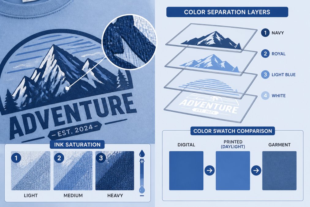 Close-up of screen-printed t-shirt showing color separation layers and ink saturation detail, with a color swatch comparison visible in natural daylight
