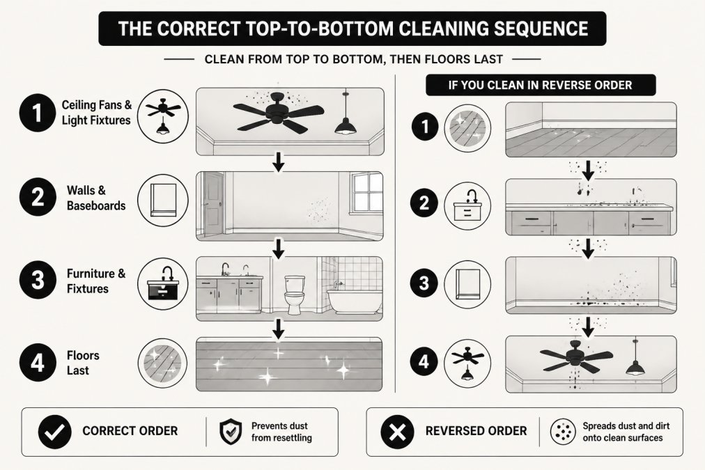 Flowchart of the top-to-bottom cleaning sequence to avoid common apartment cleaning mistakes during turnovers.