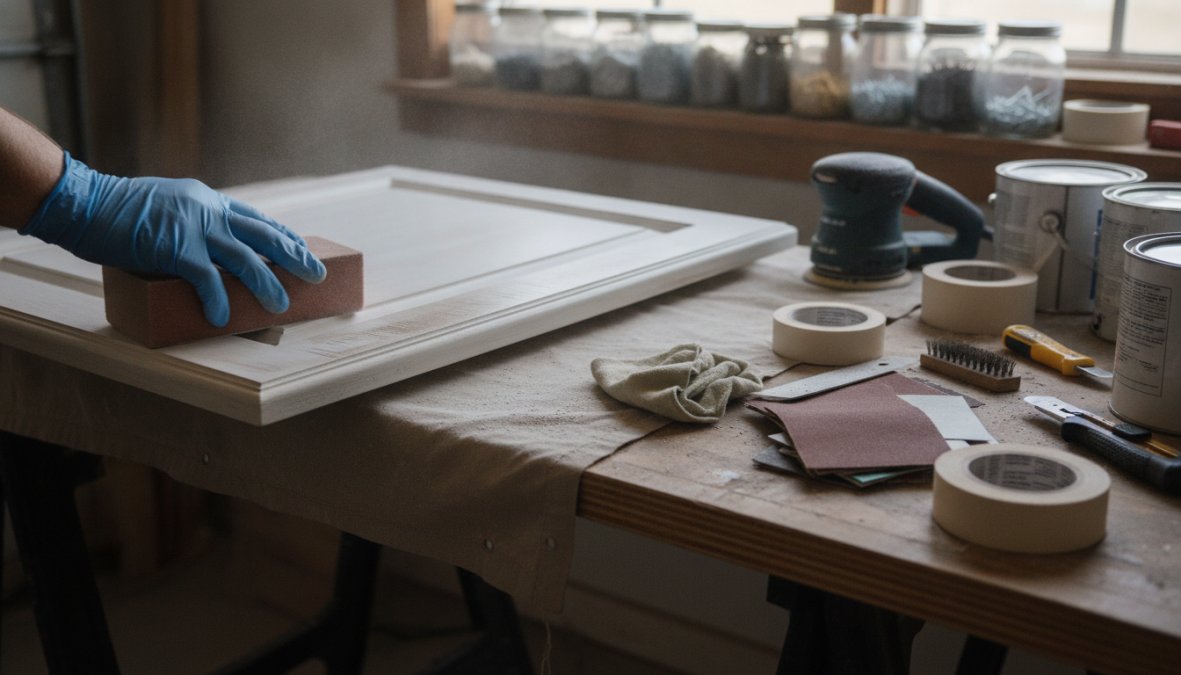 Close-up of a hand using a sanding block on a cabinet door with visible dust, a tack cloth draped over the edge, and degreaser bottle on the work surface