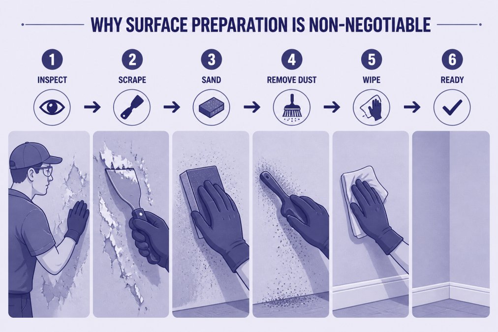 Professional using a scraper and sanding block on a wall surface with dust and debris visible, showing the preparation process in action