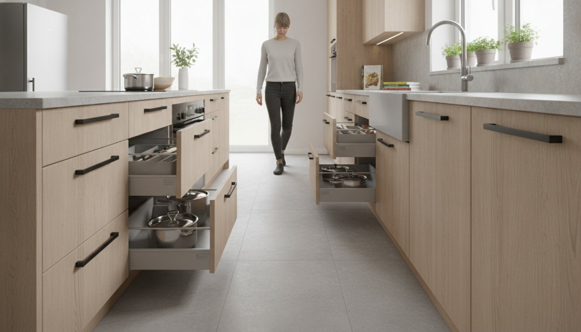 Bright modern kitchen with open drawers fully extended on both sides of a wide center aisle, showing ample clearance between cabinet runs, with natural light from a window above the sink