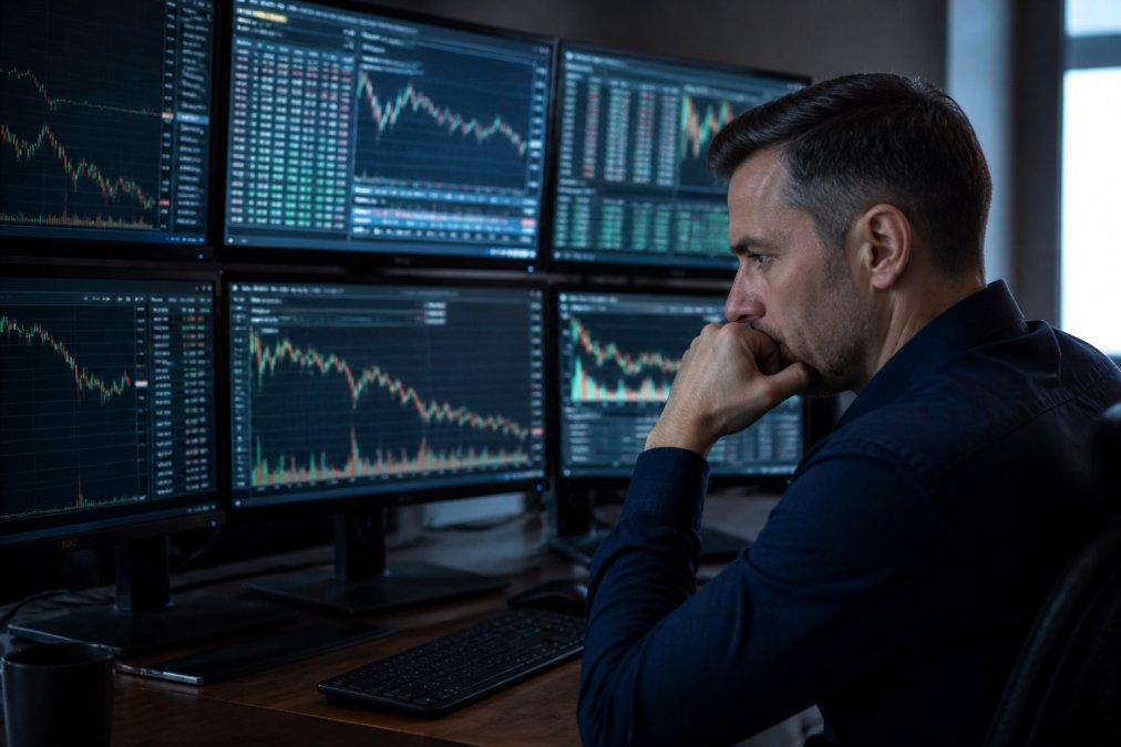 Trader monitoring multiple monitors displaying live forex charts and trading data with a concerned expression while reviewing real-time trading results