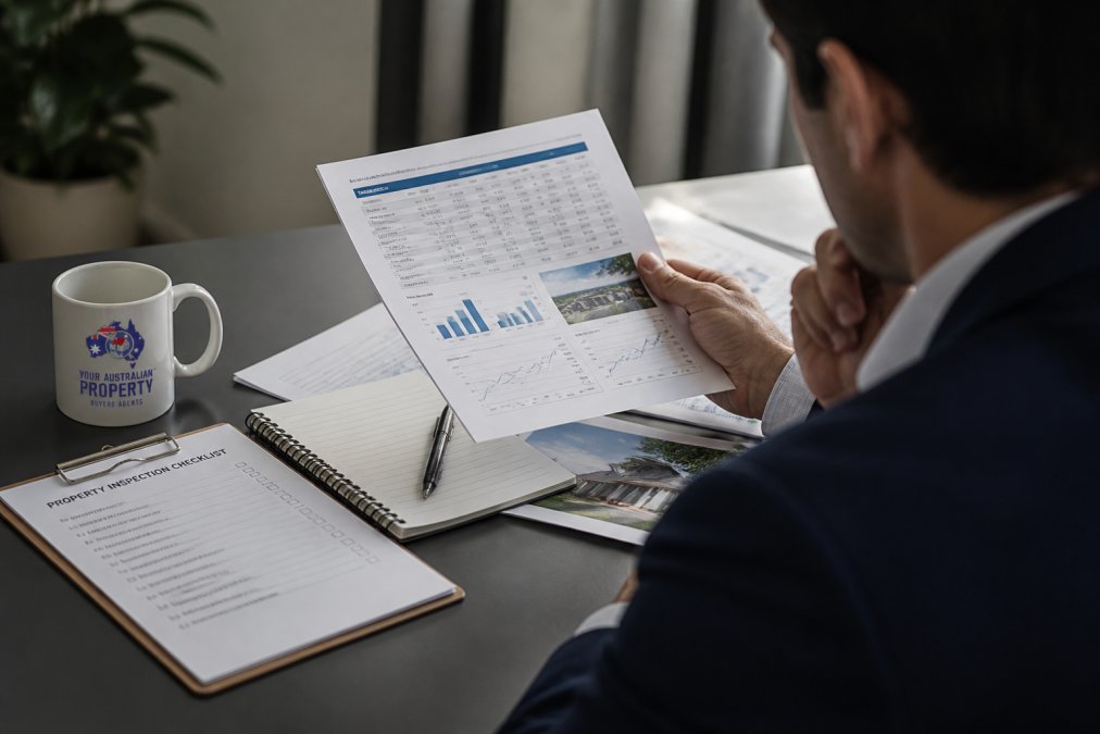 Property buyer reviewing documents and market reports at a desk with a laptop and property inspection checklist visible, natural office lighting