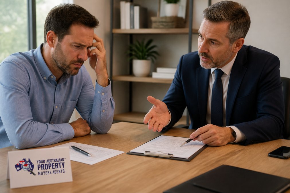 Professional negotiation meeting between buyer's advocate and property seller's agent in a modern office setting, natural lighting
