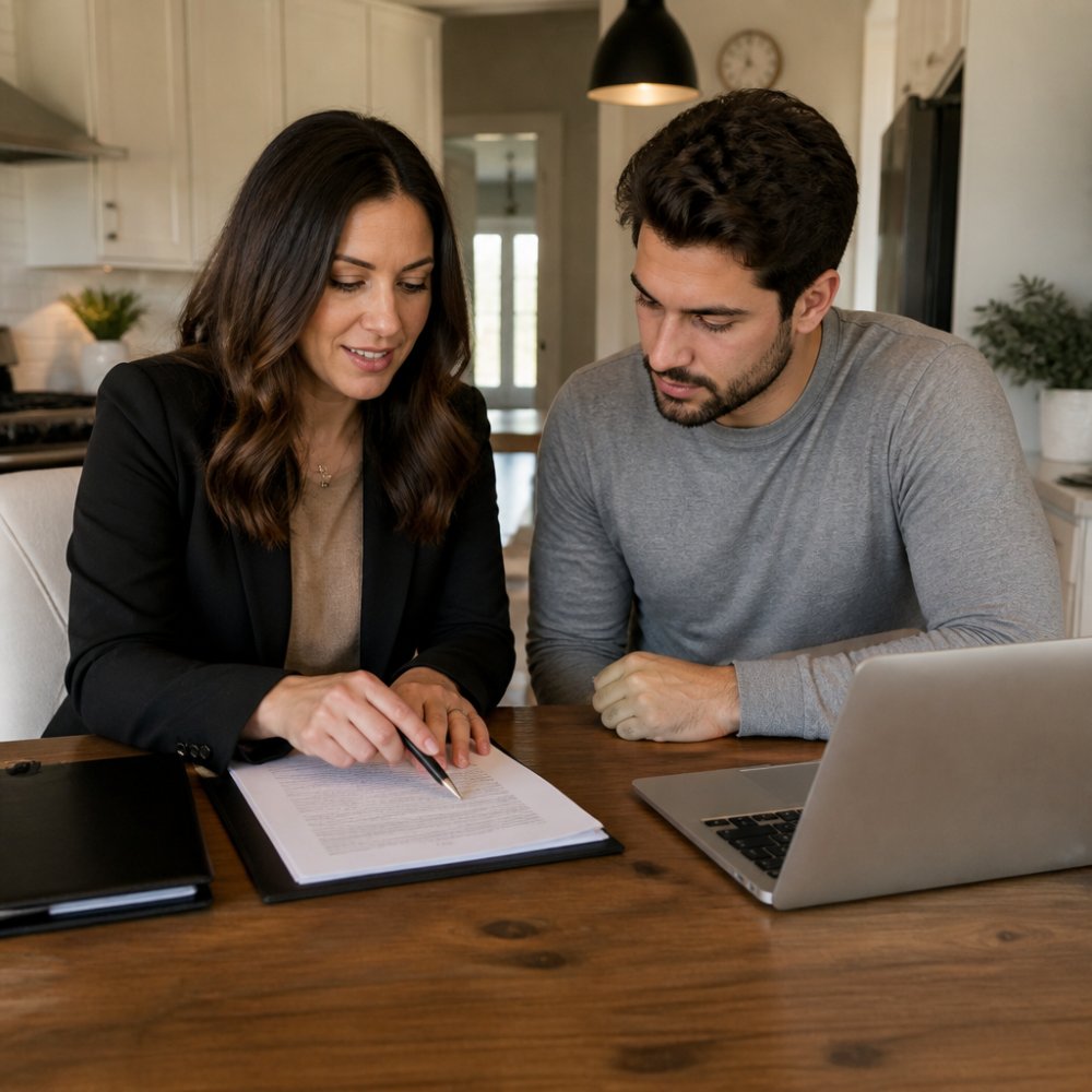 A real estate agent and a first-time homebuyer reviewing closing documents together at a kitchen table, with a laptop open and a folder of paperwork nearby