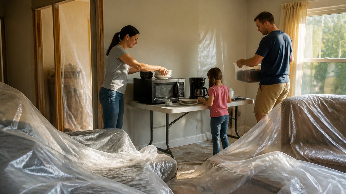 A family setting up a temporary kitchen in their living room during a home renovation, with plastic sheeting covering the furniture and a small folding table holding a microwave, coffee maker, and stacked plates under warm afternoon light