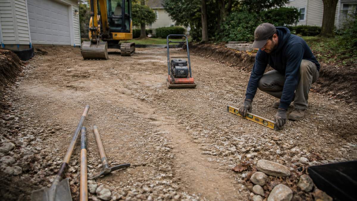 A compact excavator and plate compactor preparing a residential driveway base in a suburban yard, with a worker checking grade with a level