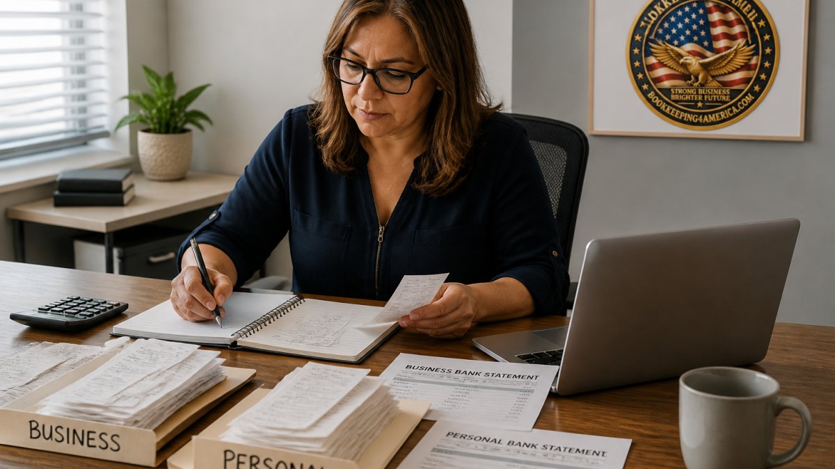 Small business owner organizing receipts and bank statements to avoid common small business bookkeeping mistakes