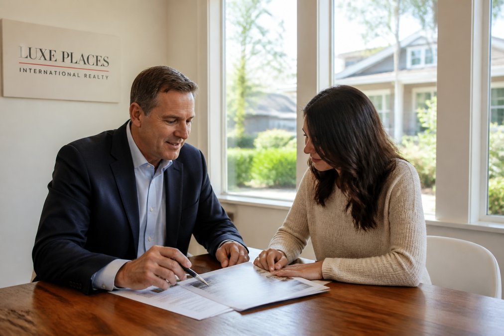 Real estate agent and homeowner sitting at a wooden desk in a bright office, reviewing property documents together while discussing details face-to-face with natural sunlight streaming through windows