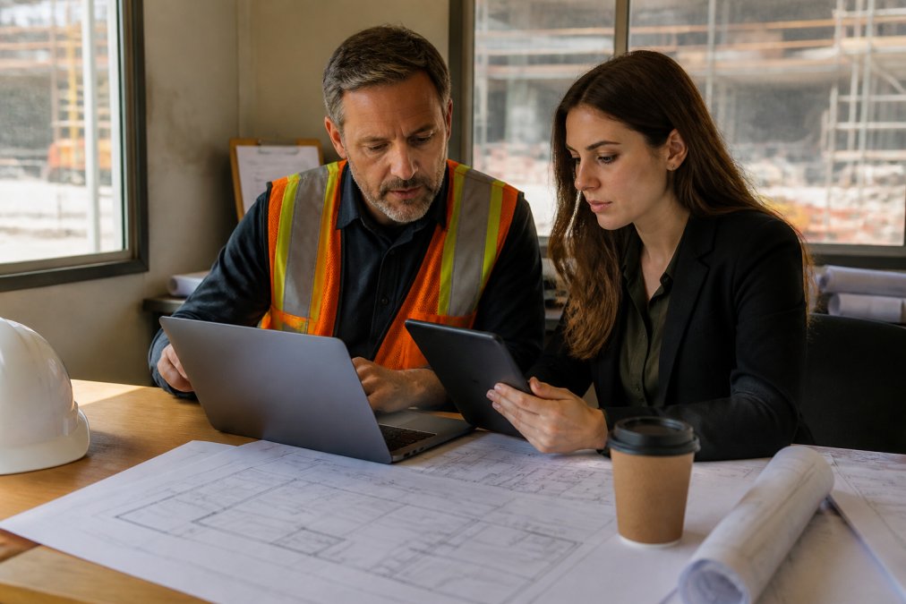A construction project manager and an architect reviewing budget spreadsheets and cost dashboards on a laptop and tablet at a job site trailer desk, blueprints and a coffee cup nearby, afternoon light through the window