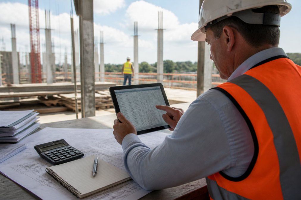 Project manager in hard hat reviewing budget spreadsheet and cost reports on tablet at construction site, with blueprints and notepad visible on desk, natural daylight illuminating the work area