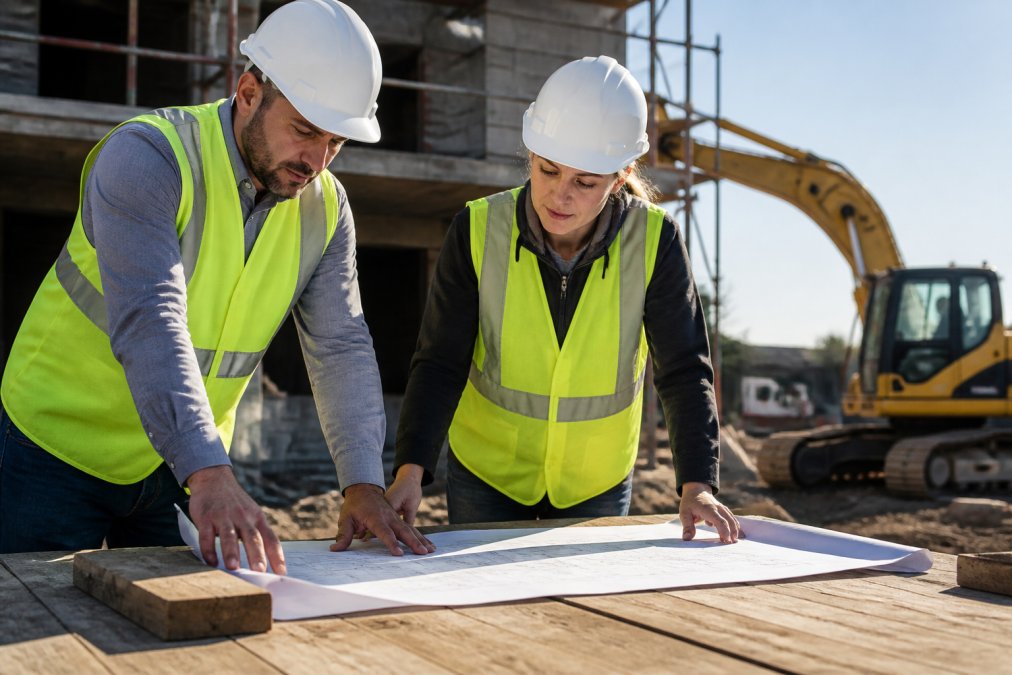Two construction professionals in hard hats reviewing contract documents and specifications on a job site, studying blueprints together under daylight, with construction equipment visible in background