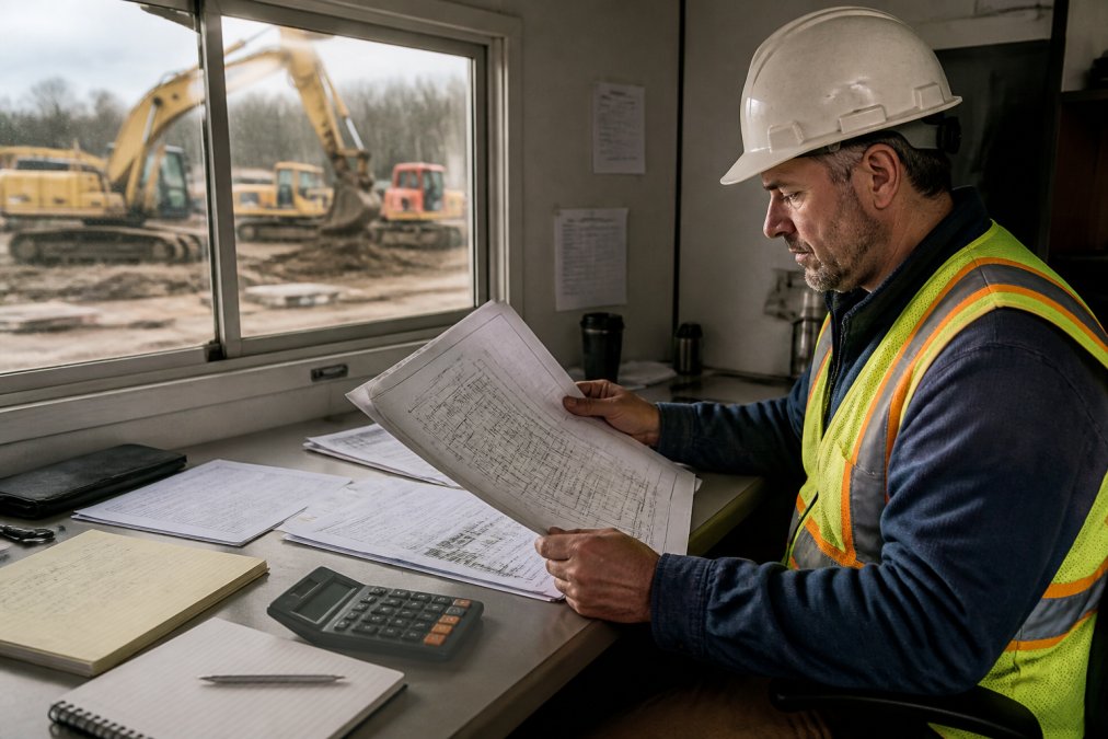 A construction project manager in a hard hat reviewing printed blueprints and budget documents at a job site trailer desk, with heavy equipment visible through the window in the background