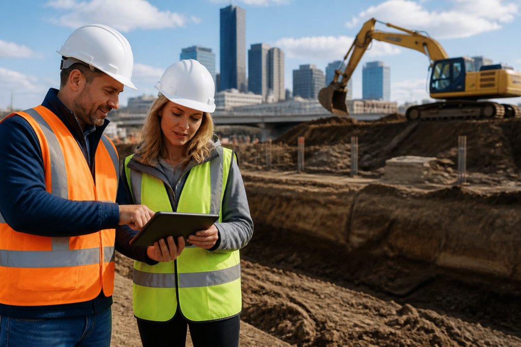 A construction site supervisor and office manager reviewing a tablet displaying a project cost tracking dashboard together, standing near an active excavation site in Metro Detroit