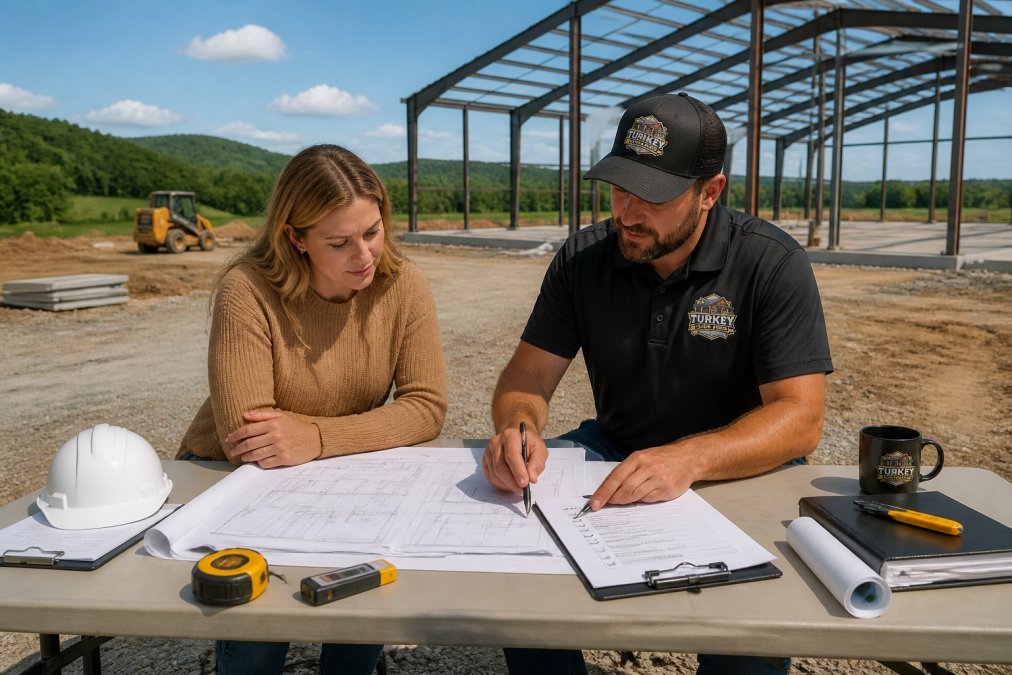 A homeowner and a general contractor reviewing architectural plans and a pre-construction checklist on a folding table at a rural building site, with a metal building frame visible in the background under a clear sky