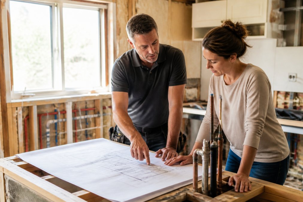 A licensed contractor reviewing blueprints with a homeowner in a partially renovated kitchen, pointing at plumbing rough-in locations on the plans, natural daylight through an uncurtained window