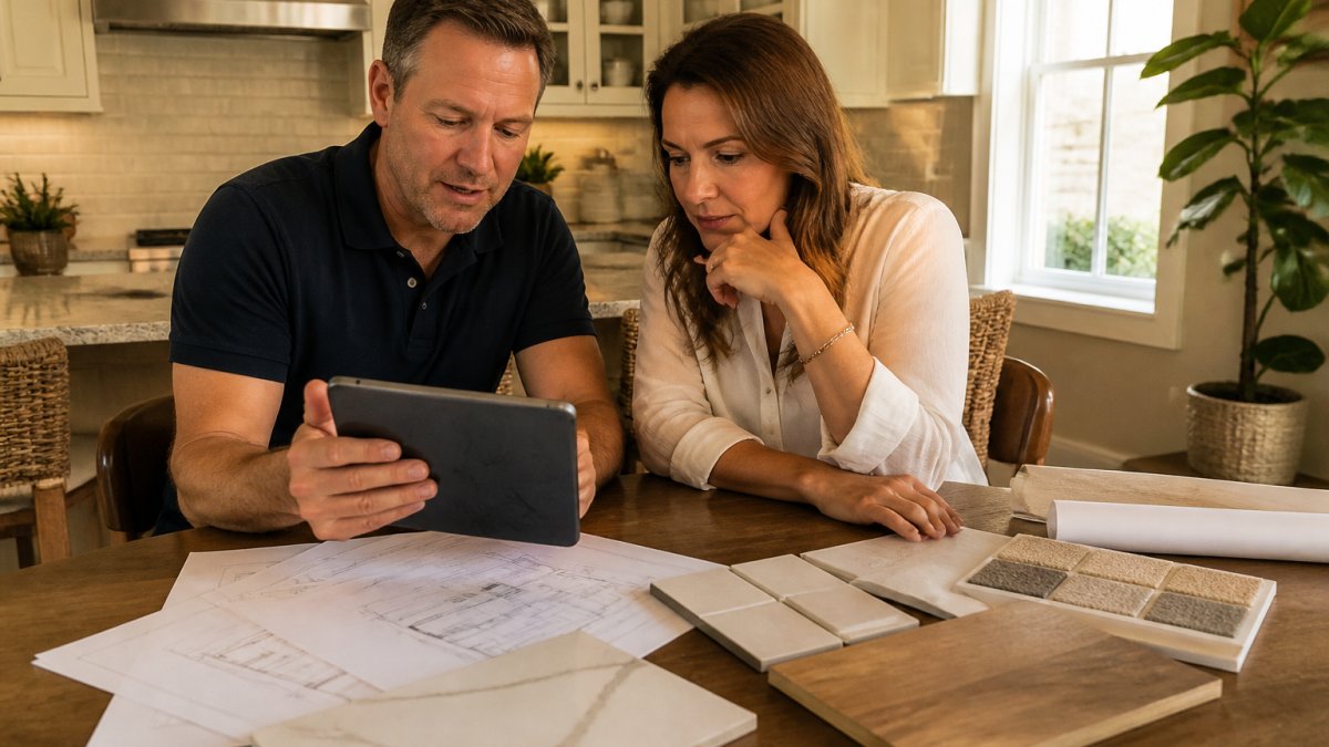 A homeowner and contractor reviewing a budget spreadsheet on a tablet at a kitchen table with material samples and blueprints nearby, warm afternoon light