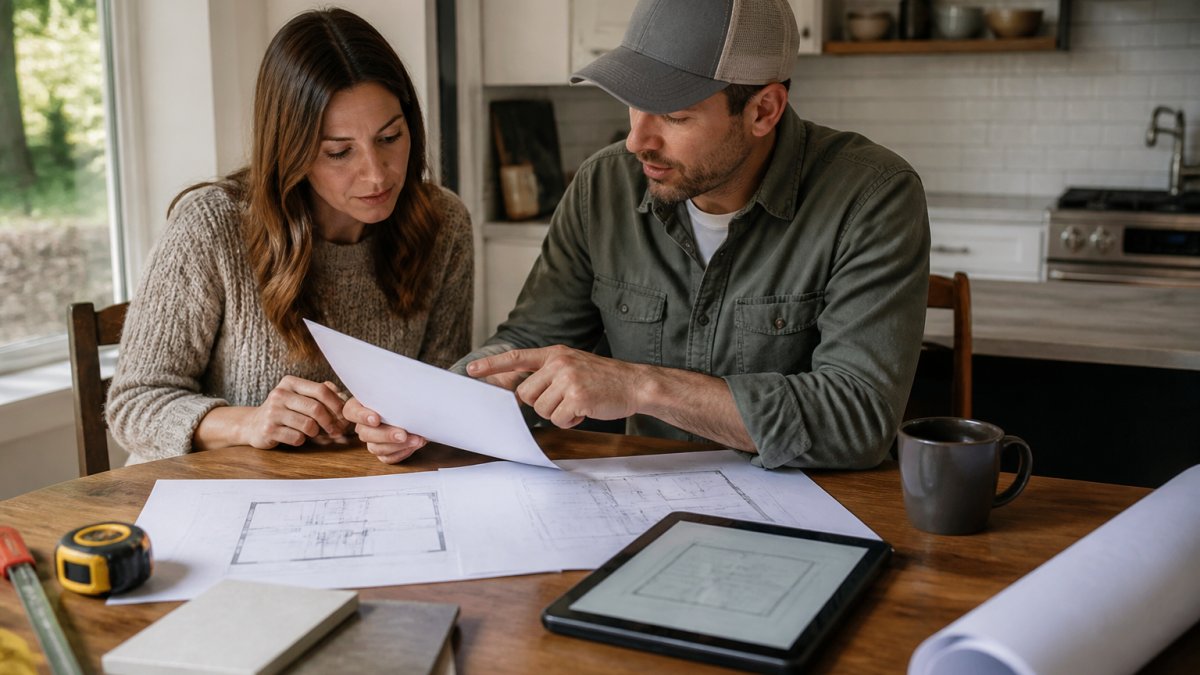 A homeowner and a contractor reviewing a written remodeling contract at a kitchen table, with blueprints and a tablet showing a project schedule nearby