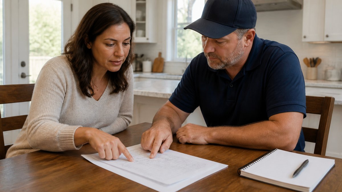 A homeowner and a remodeling contractor reviewing a printed contract at a kitchen table, both pointing at a timeline page with a notebook and pen nearby