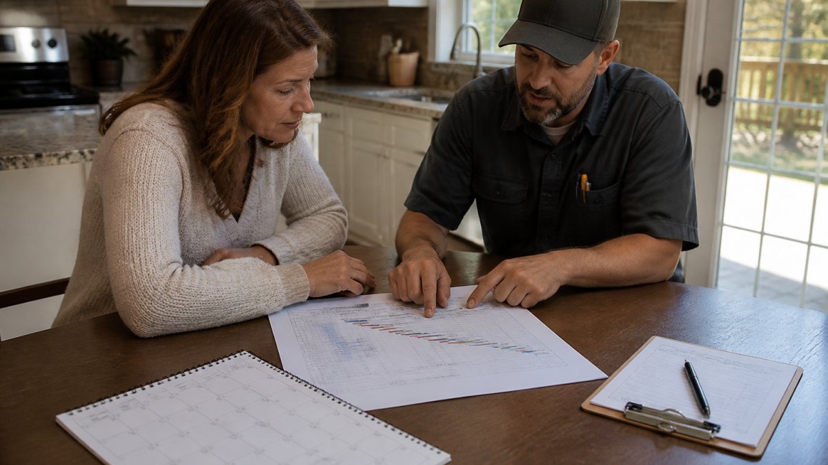 A homeowner and a contractor reviewing a printed project schedule at a kitchen table, with a calendar and clipboard visible, warm natural light coming through a window