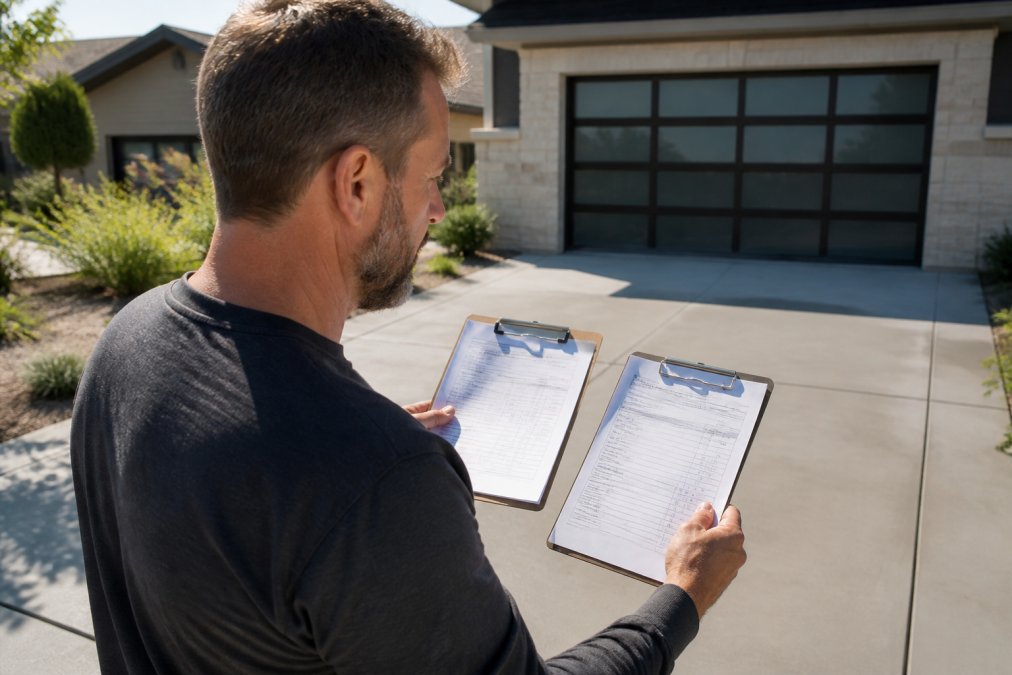Homeowner standing in a driveway reviewing a contractor's written estimate with a clipboard, comparing it against a second bid sheet in afternoon sunlight