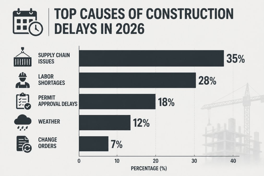 Bar chart comparing top causes of construction delays in 2026: supply chain issues (35%), labor shortages (28%), permit approval delays (18%), weather (12%), change orders (7%)