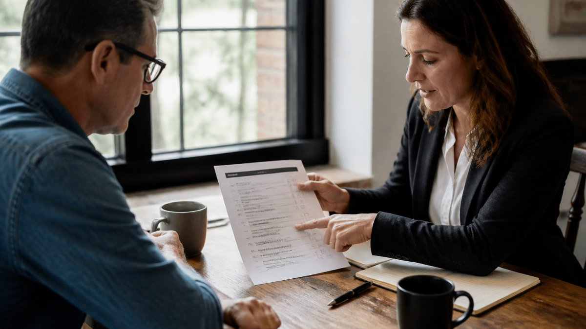 A small business owner at a wooden desk reviewing a printed checklist with a consultant across the table, notebook and coffee cups visible, natural window light