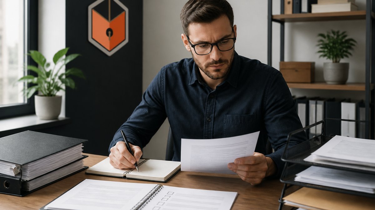 Business professional at desk reviewing documents and organizing files on computer, with notebook and legal checklist visible, natural office lighting
