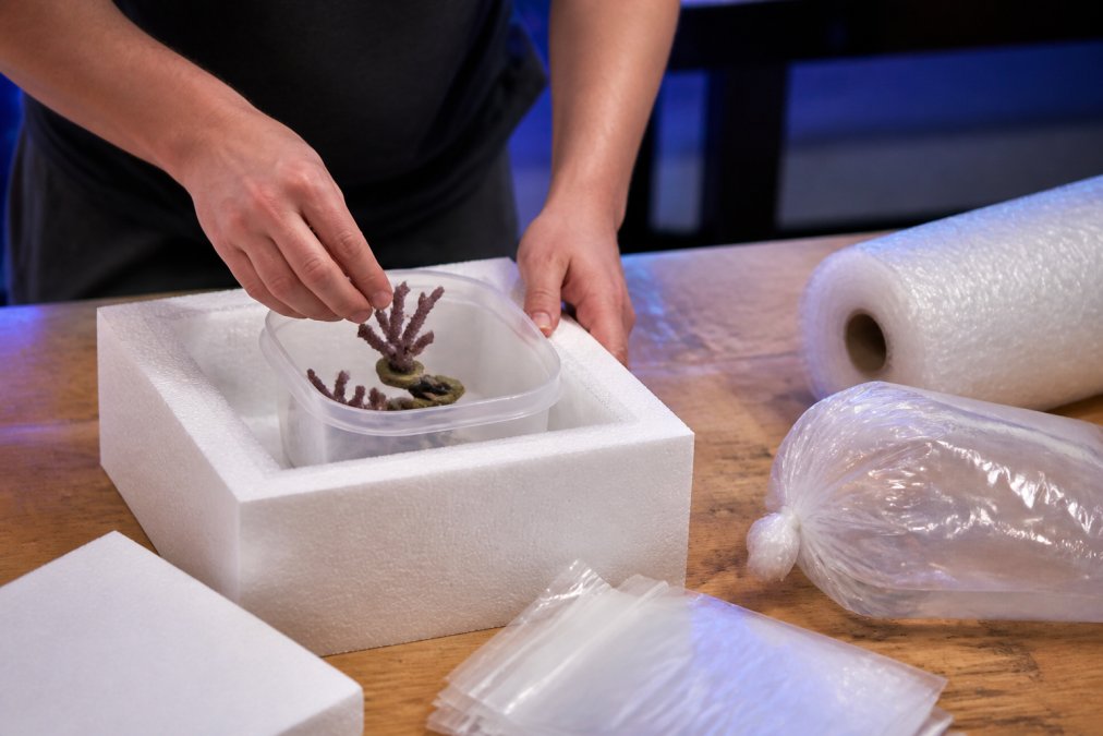 Close-up of hands placing a coral frag into a clear transport container with foam padding and bubble wrap on a workbench, with poly bags and packing materials visible nearby