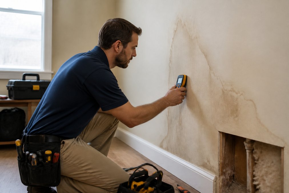 Homeowner using moisture meter on interior wall to check for hidden water damage, with visible water staining and discoloration visible on drywall surface