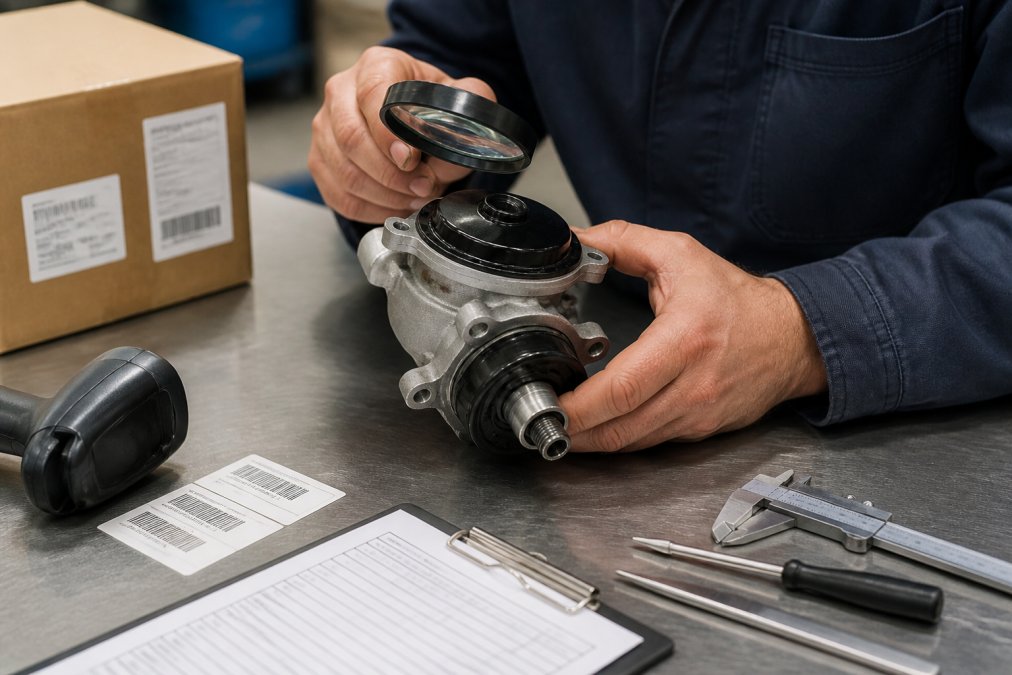Mechanic's hands carefully examining an automotive part on a well-lit workbench, checking serial numbers with a magnifying glass, inspecting barcode consistency, and verifying physical construction details with precision tools