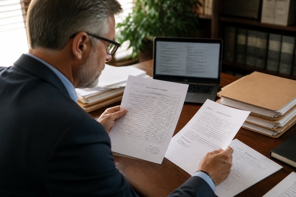 A legal professional reviewing a printed log of service attempts and a sworn statement at a wooden desk, with a laptop showing a digital delivery tracking dashboard in the background