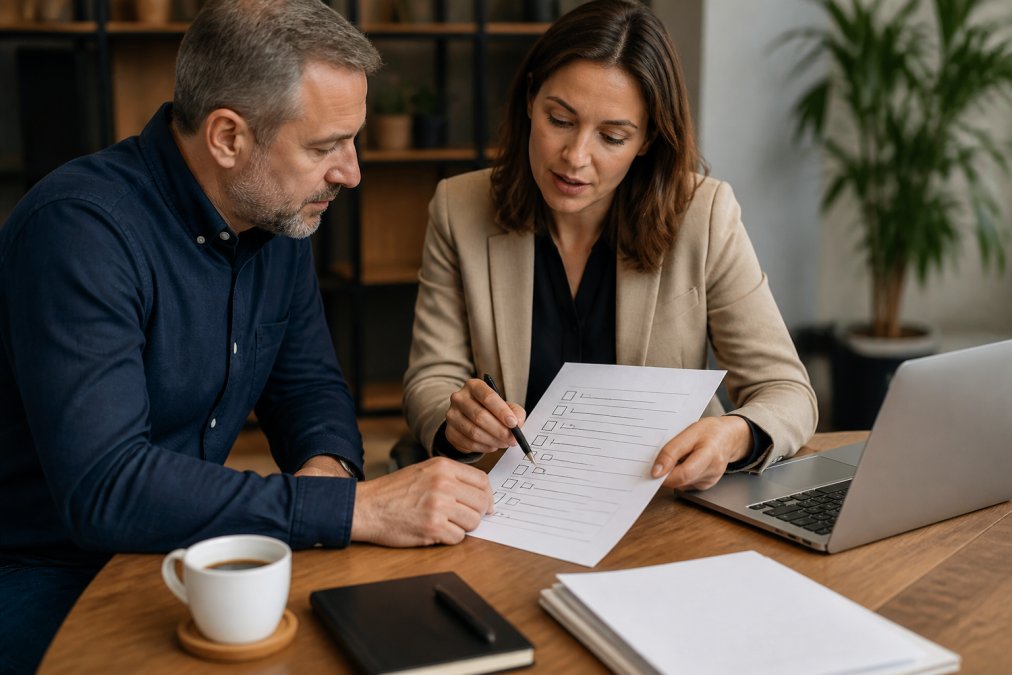 A business owner and an insurance advisor reviewing a printed audit checklist at a wooden conference table, with a laptop open to policy documents and a coffee cup nearby