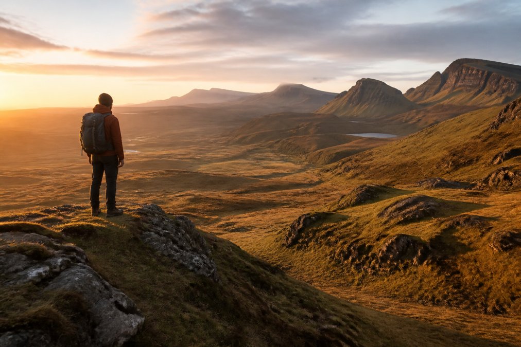 A solitary hiker standing on a remote, windswept hillside at golden hour with views of distant mountains and a quiet glen below, no crowds visible, soft late-afternoon light casting long shadows across the moorland