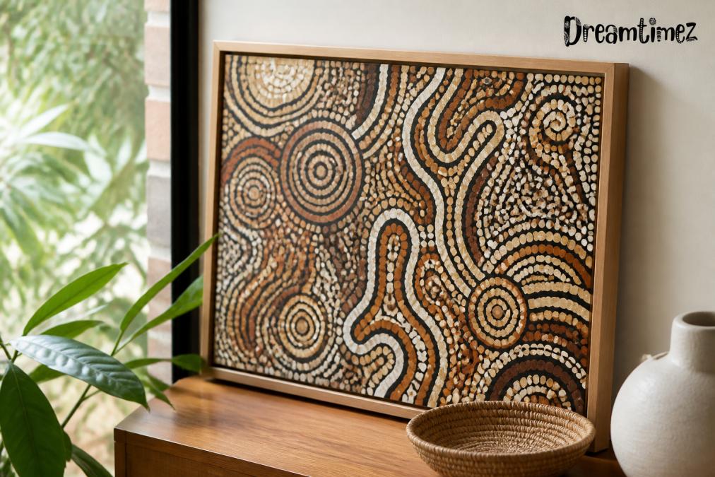 Close-up of authentic Indigenous artwork displayed in a home interior, showing traditional patterns and earth tones in a tastefully decorated living space with natural light highlighting the artwork's details