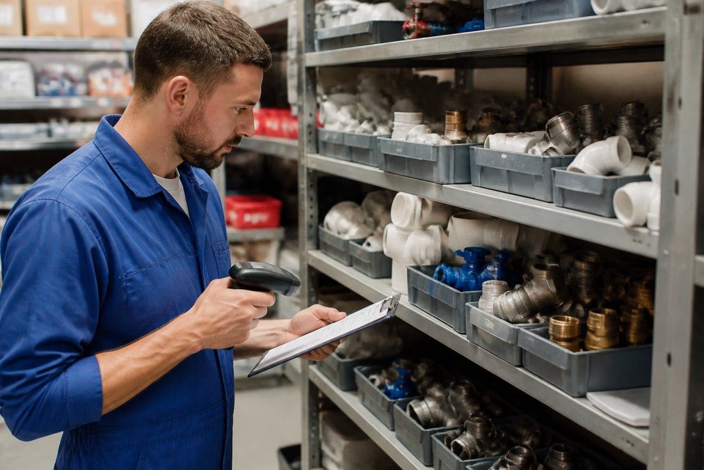 A maintenance technician in a clean, organized MRO storeroom checking a shelf of labeled plumbing parts with a clipboard and barcode scanner