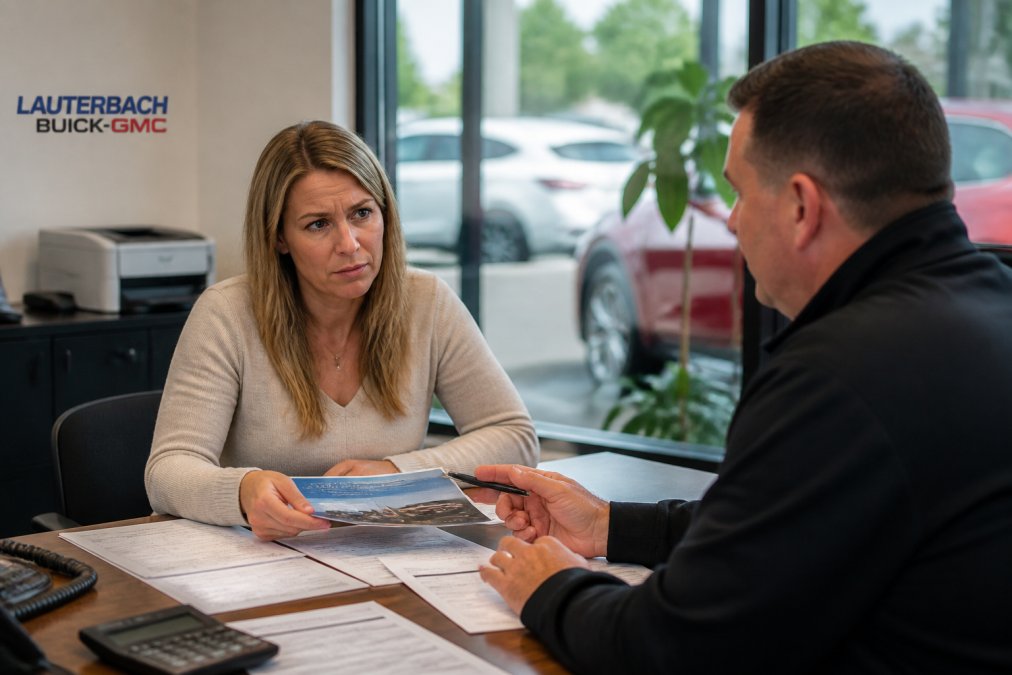 A buyer sitting across from a salesman at a dealership desk, reviewing paperwork with a skeptical expression while natural office lighting illuminates the space