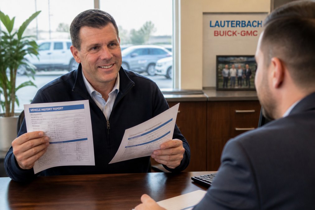 A confident buyer holding a vehicle history report and pre-approval letter while speaking with a salesman in a well-lit dealership office
